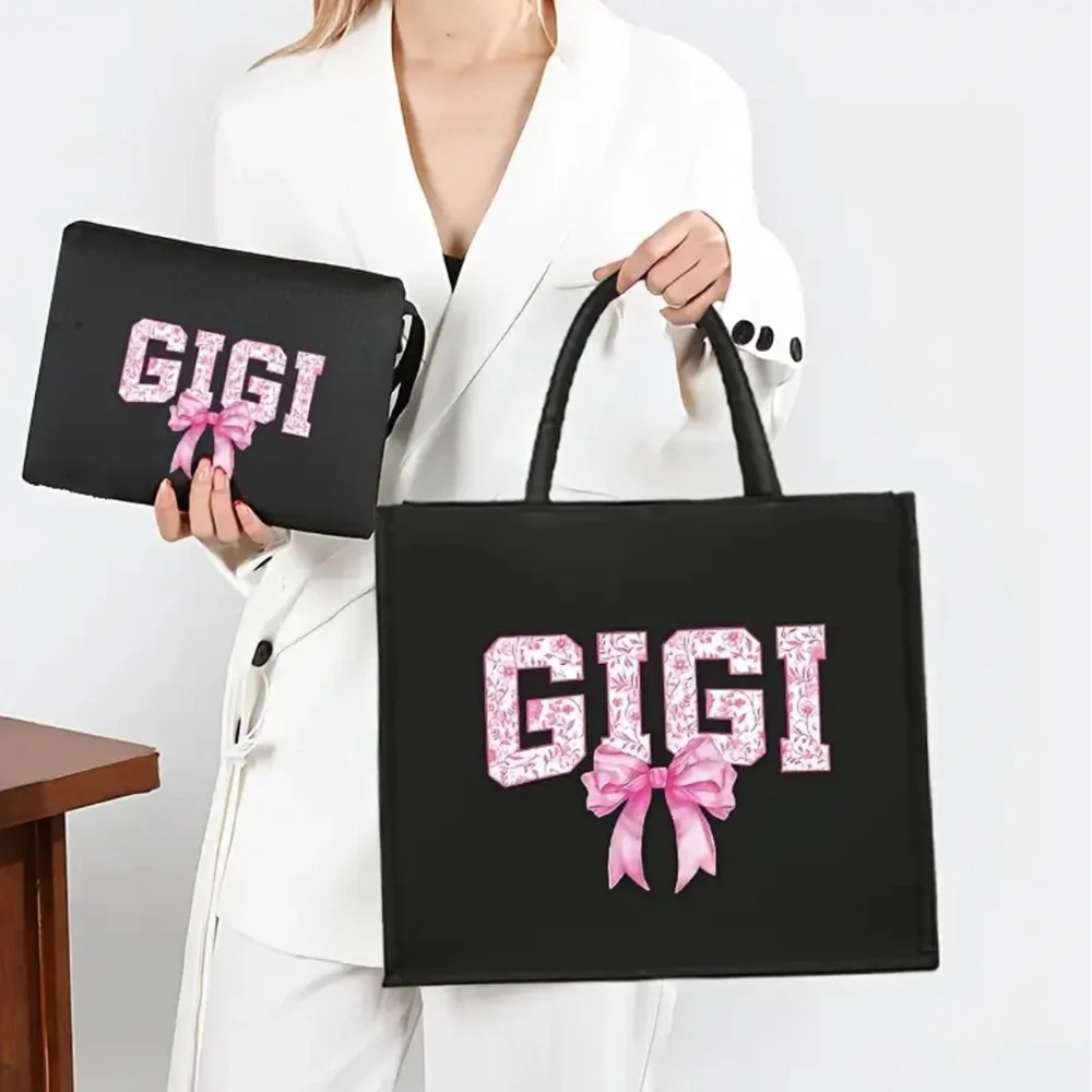 GIGI Black Tote and Clutch Set with Pink Accents, NEW - Picture 5 of 6
